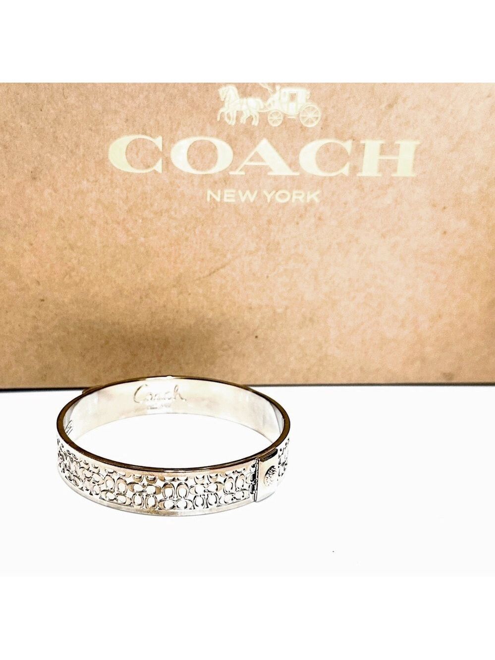 COACH Silver Signature Engraved Logo Bangle NWOT - Picture 9 of 12